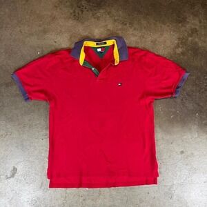 Vintage Tommy Hilfiger red polo shirt with blue collar and green yellow accents